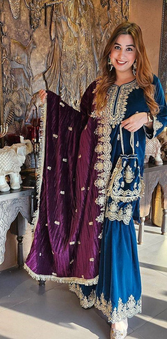 Stunning Blue Viscose Velvet Embroidery Suit