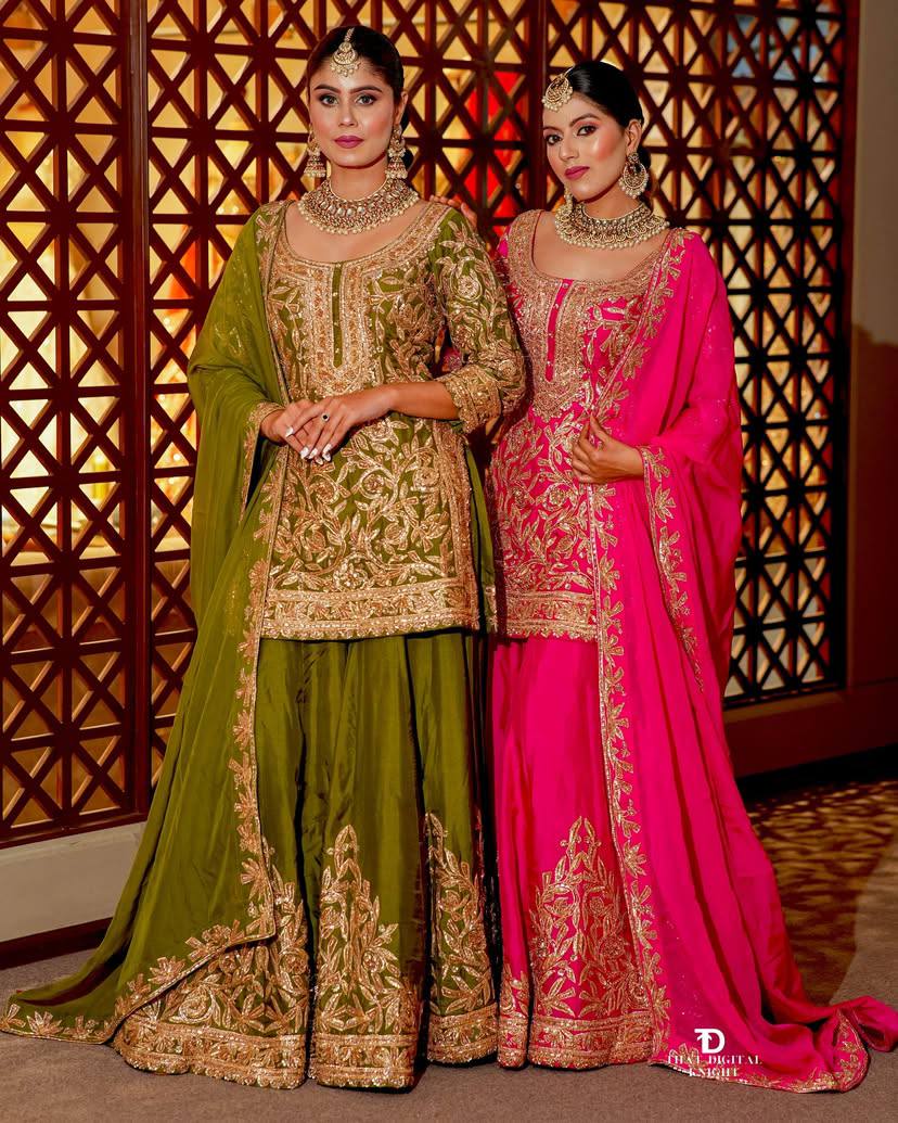 An elegant olive green set with similar embroidery and design as the first.