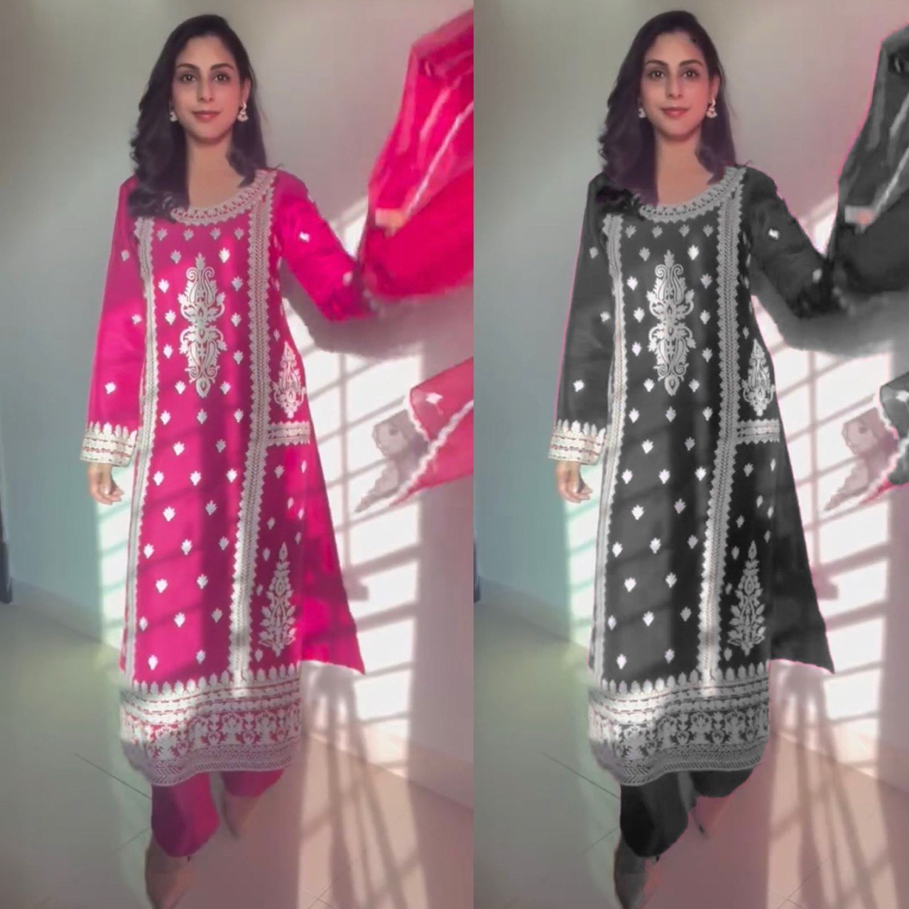 Elegant traditional outfit in vibrant red and timeless black contrast