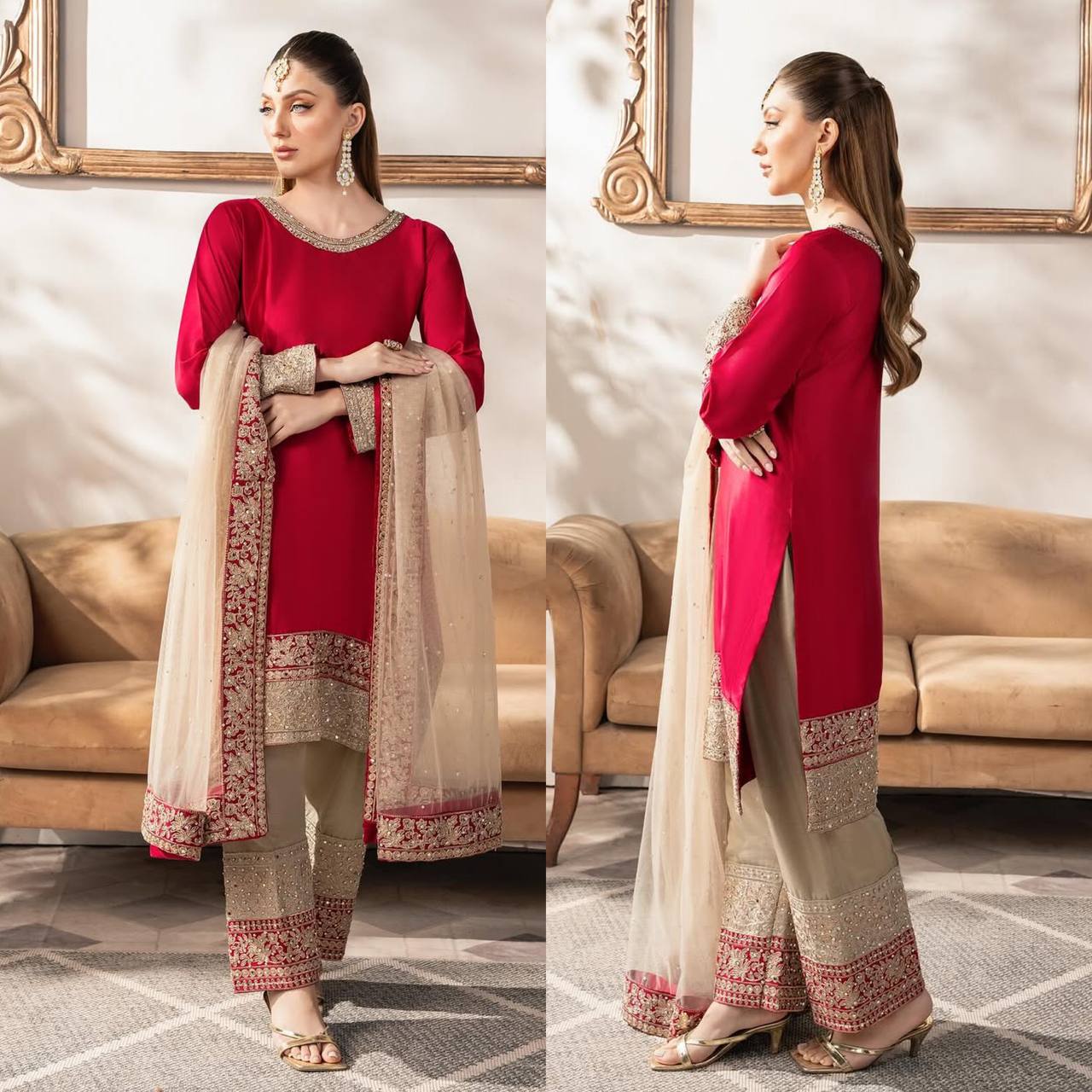 Eid Royale Scarlet Embroidered Suit