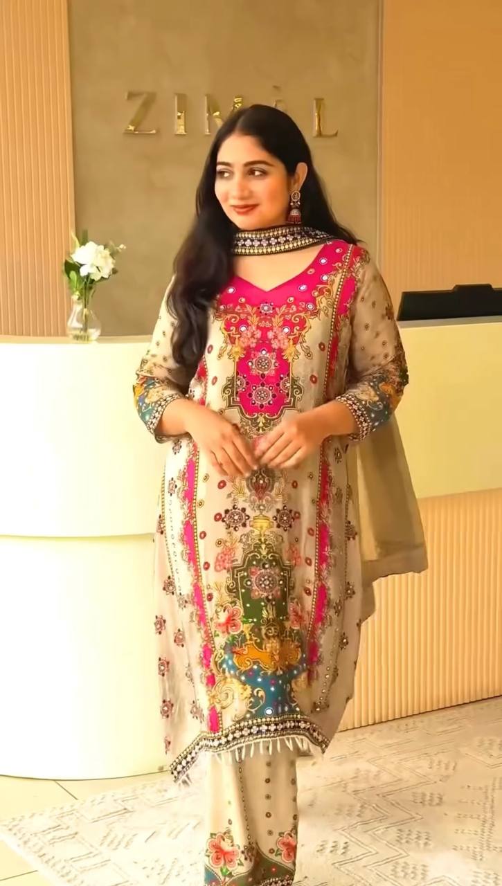 Beige & Multicolor Pakistani Salwar Kameez with Dupatta