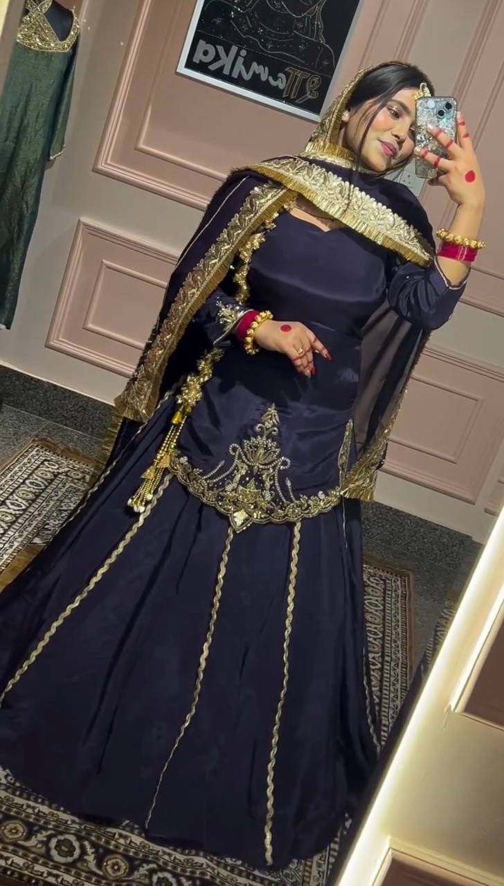 "Majestic Midnight Attire with Golden Embellishments for Royal Charm"