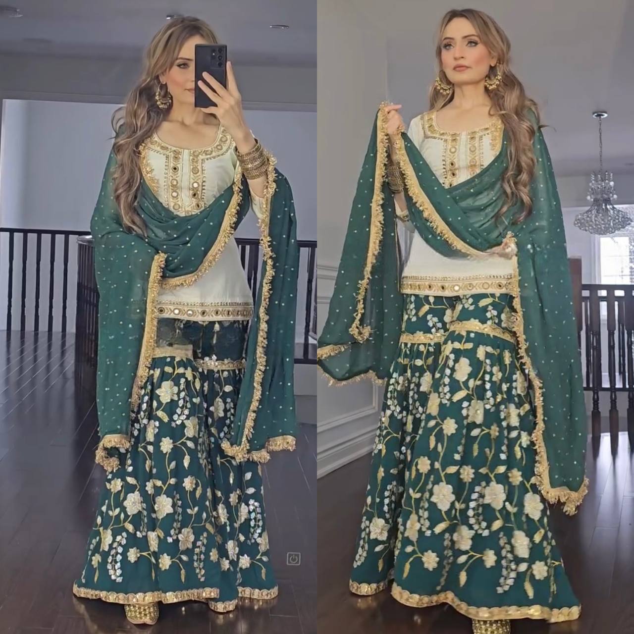 Green Embroidered Sharara Suit with Dupatta