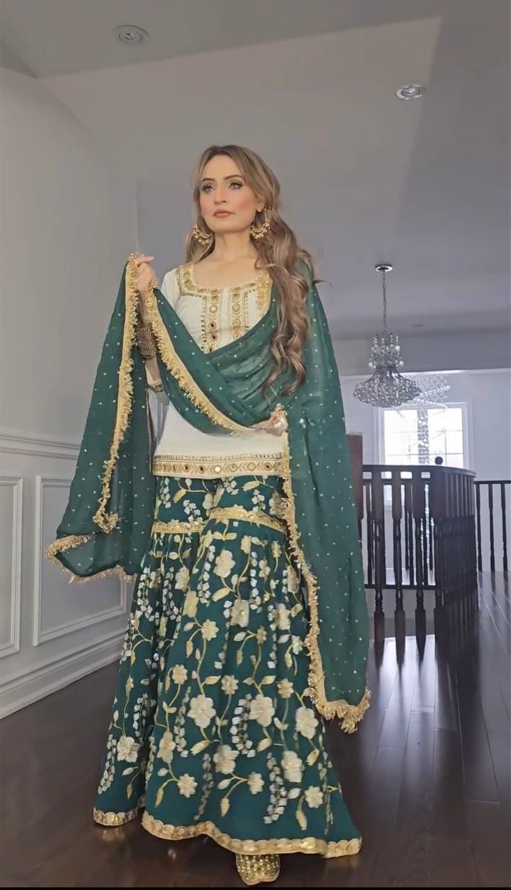 Green Embroidered Sharara Suit with Dupatta