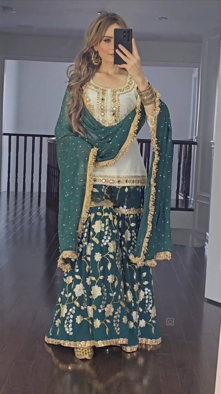 Green Embroidered Sharara Suit with Dupatta