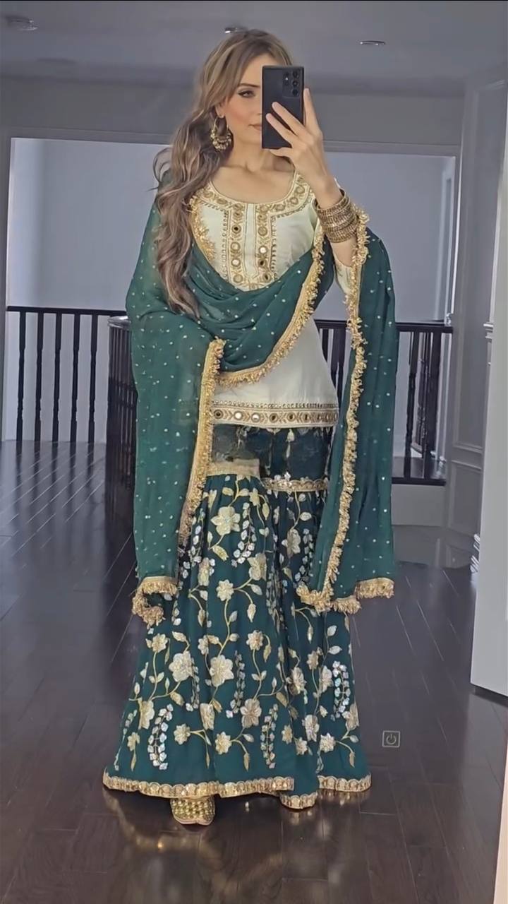 Green Embroidered Sharara Suit with Dupatta