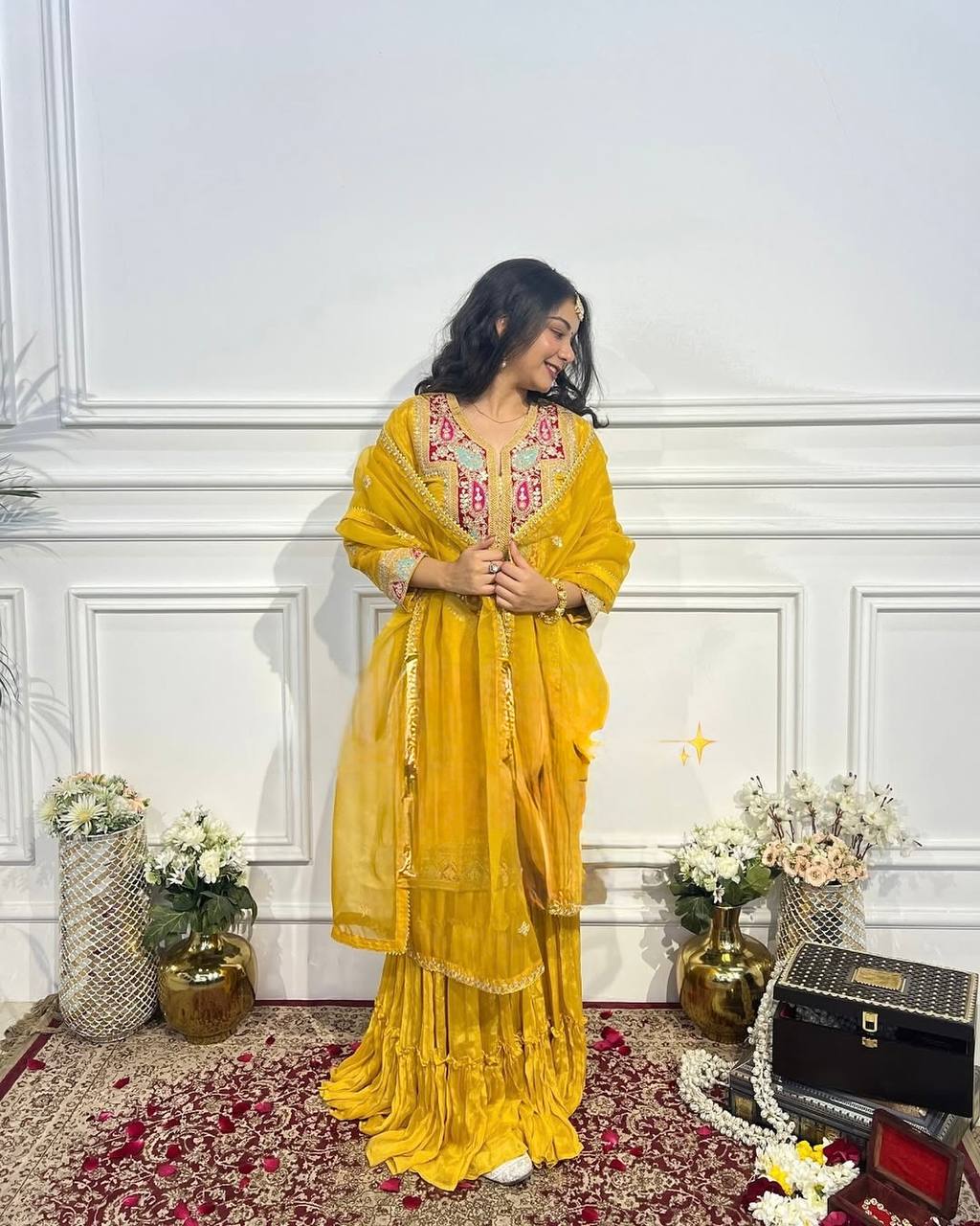 Zehra Mustard Gharara with Lace Detailing