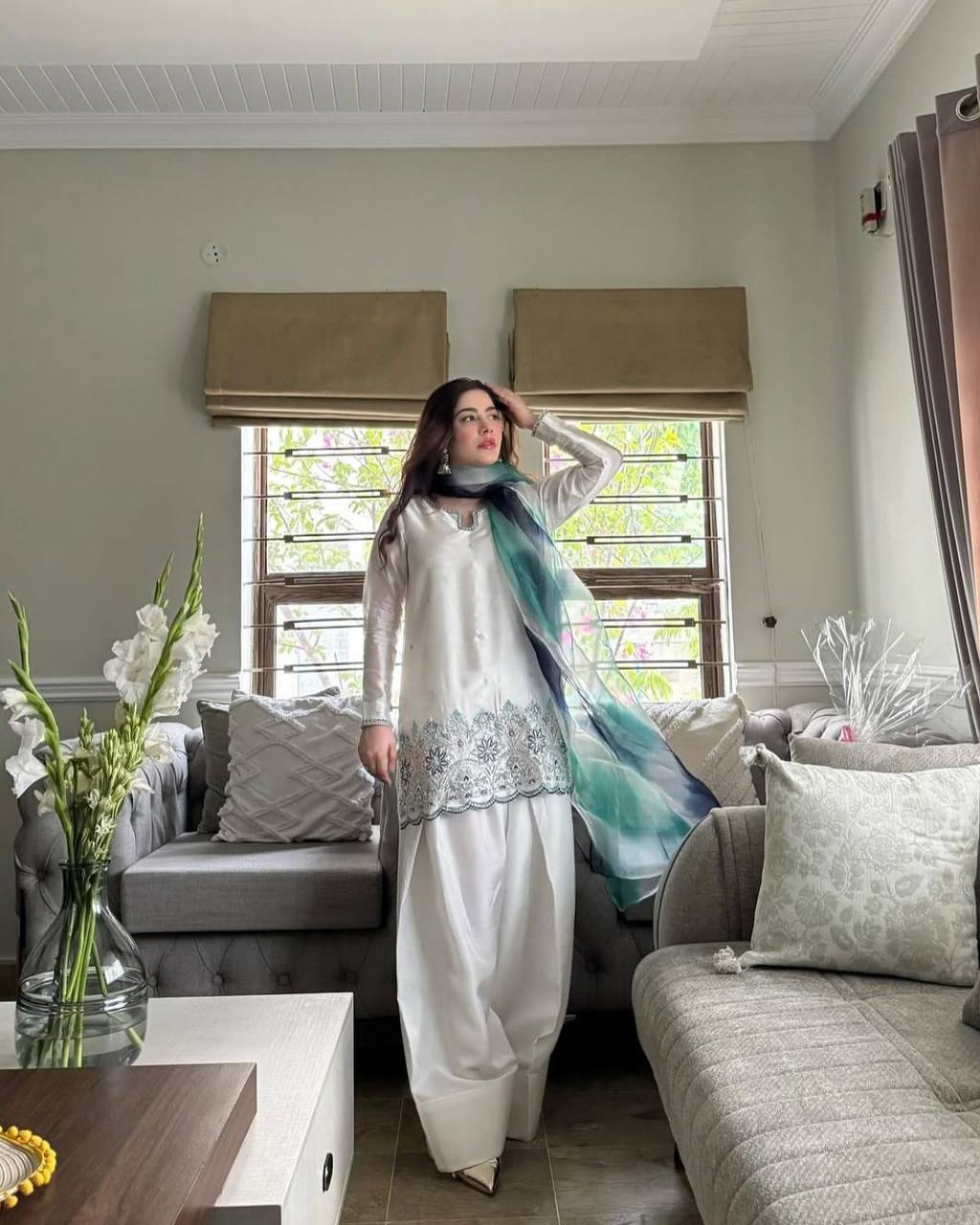 Chic White Palazzo Suit with Embroidered Hem and Ombre Dupatta for Elegant Daywear Look