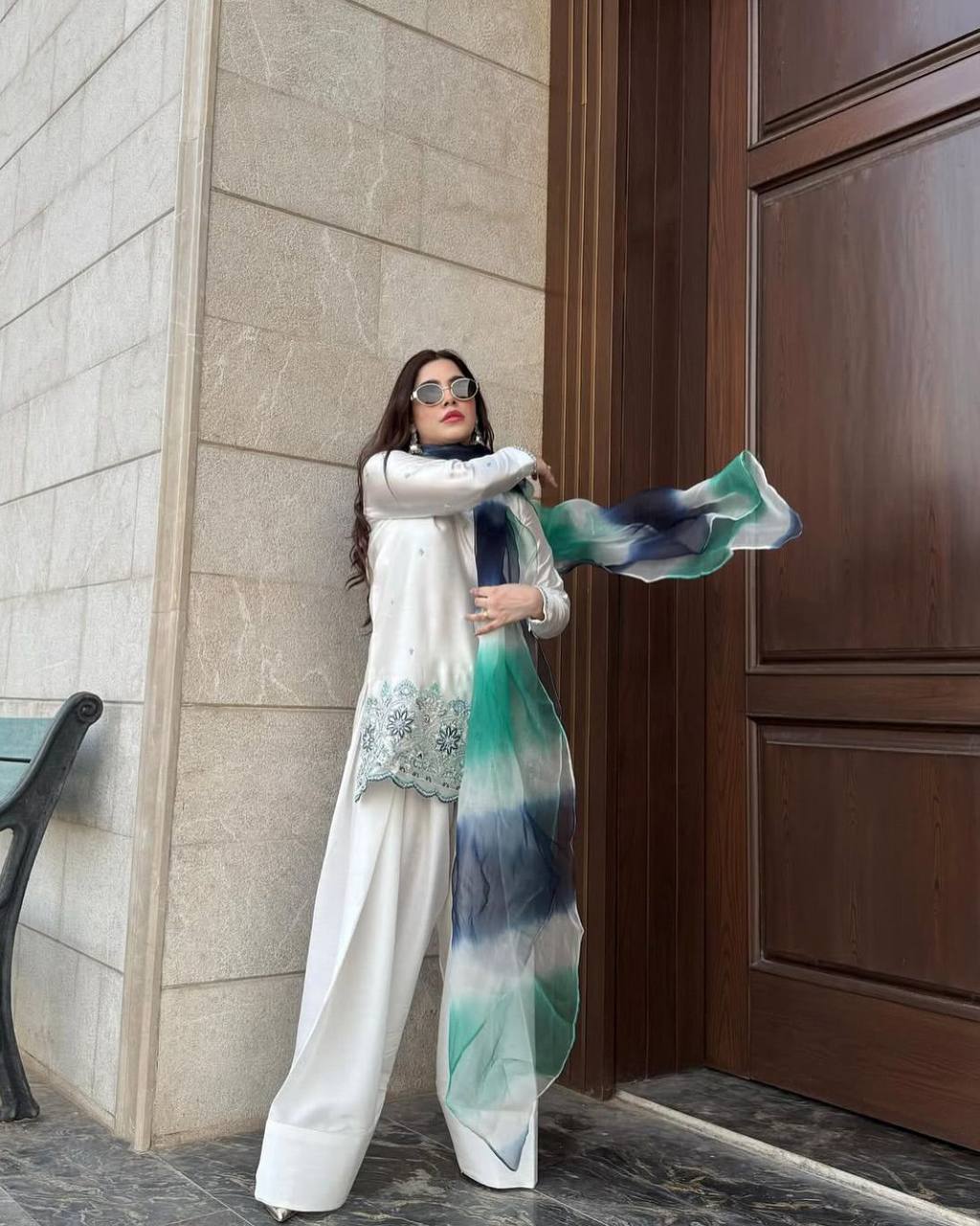 Chic White Palazzo Suit with Embroidered Hem and Ombre Dupatta for Elegant Daywear Look