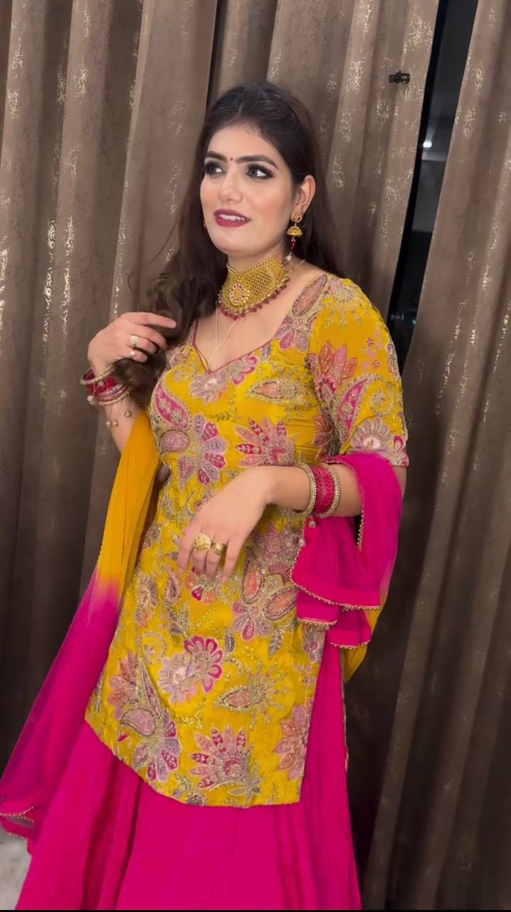 Vibrant Traditional Elegance in Yellow and Pink Ethnic Ensemble