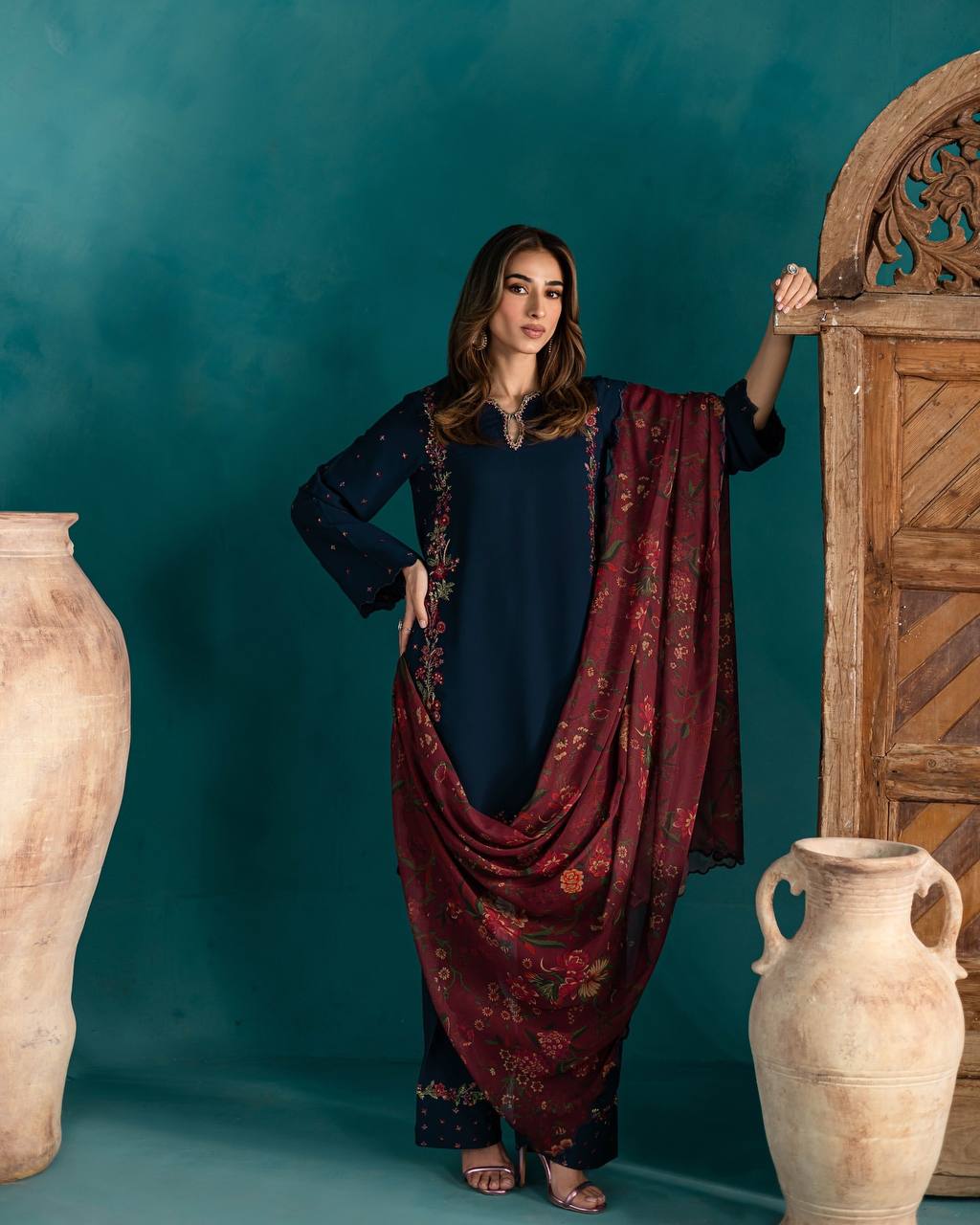 Timeless Grace: Navy Suit with Luxurious Red and Gold Embellishments