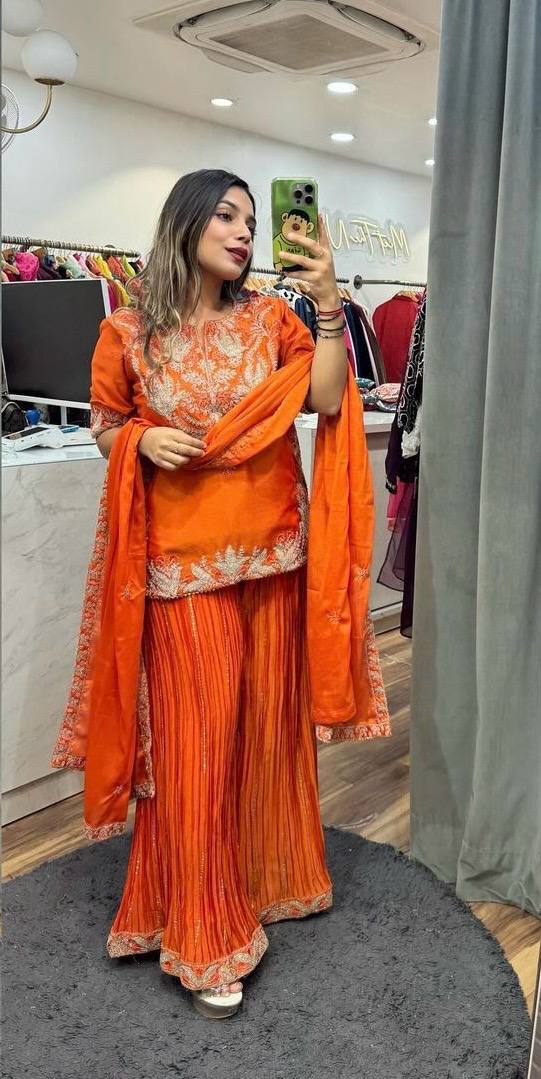 Preet Chinon Silk Sharara Set