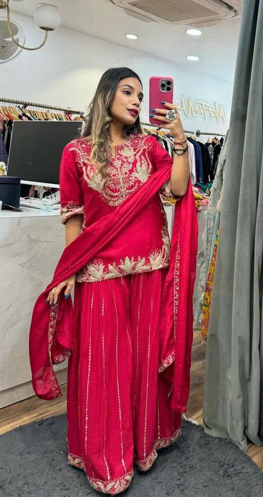 Preet Chinon Silk Sharara Set