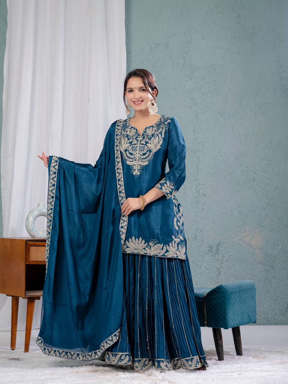 Preet Chinon Silk Sharara Set
