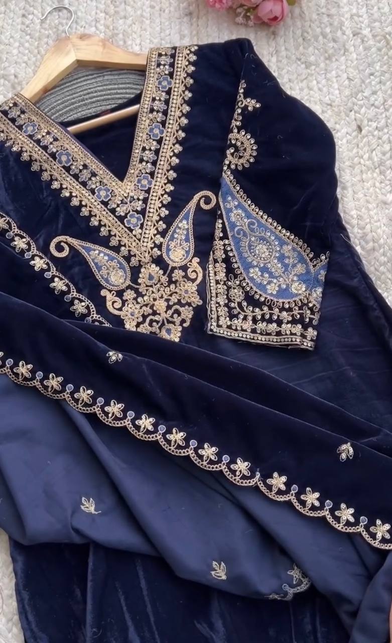 Opulent Blue Velvet Embroidered with Gold