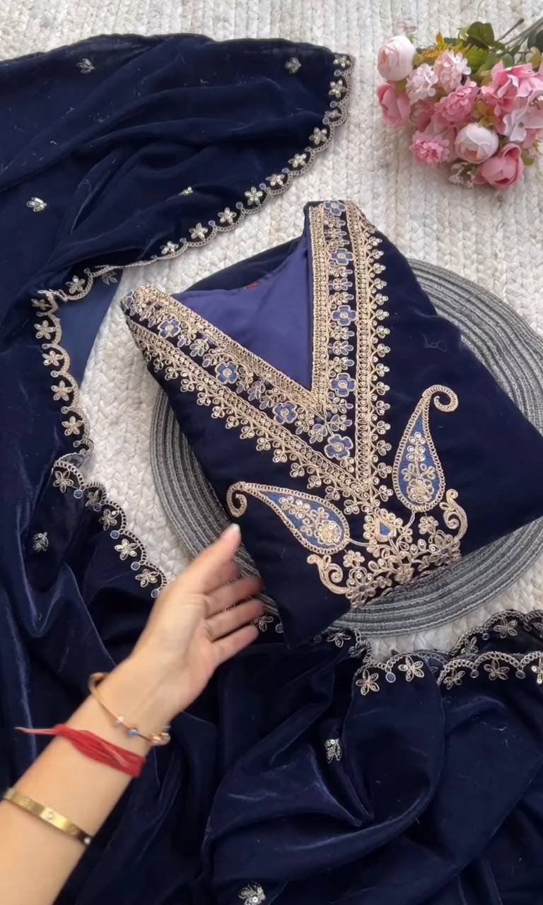 Opulent Blue Velvet Embroidered with Gold