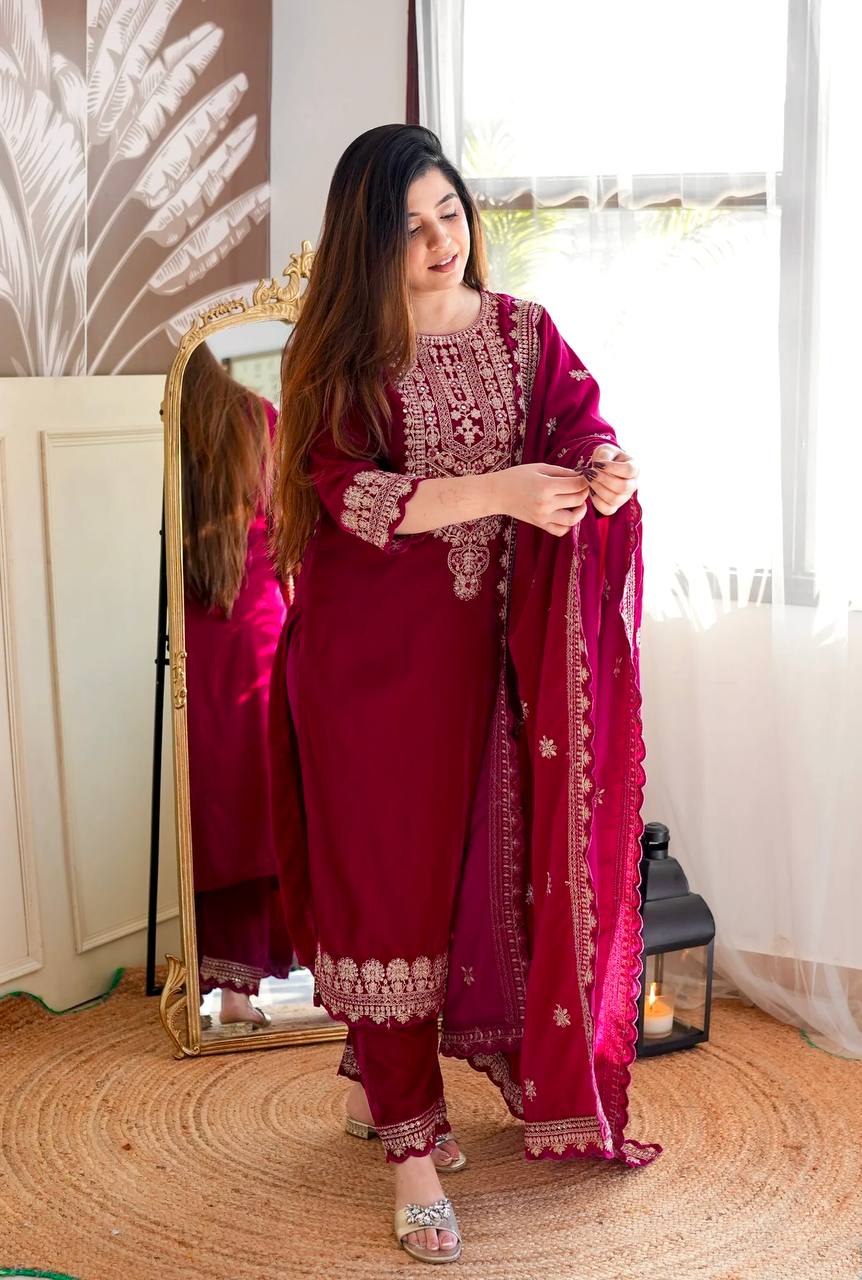 Velvet Bliss: Embroidered Suit for Graceful Occasion