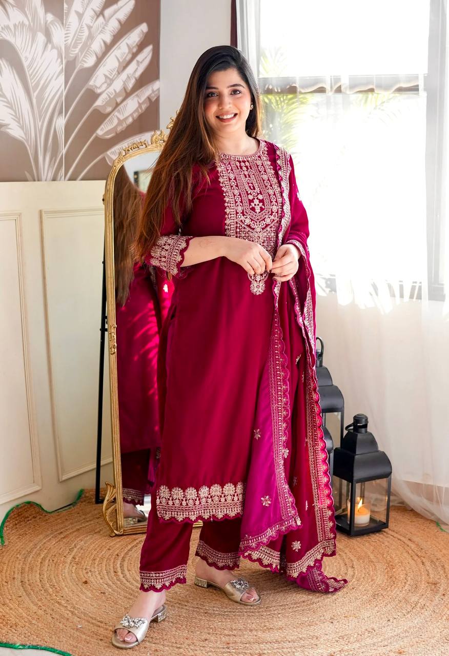 Velvet Bliss: Embroidered Suit for Graceful Occasion