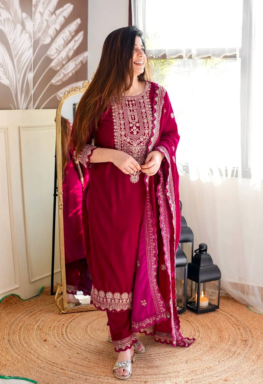 Velvet Bliss: Embroidered Suit for Graceful Occasion