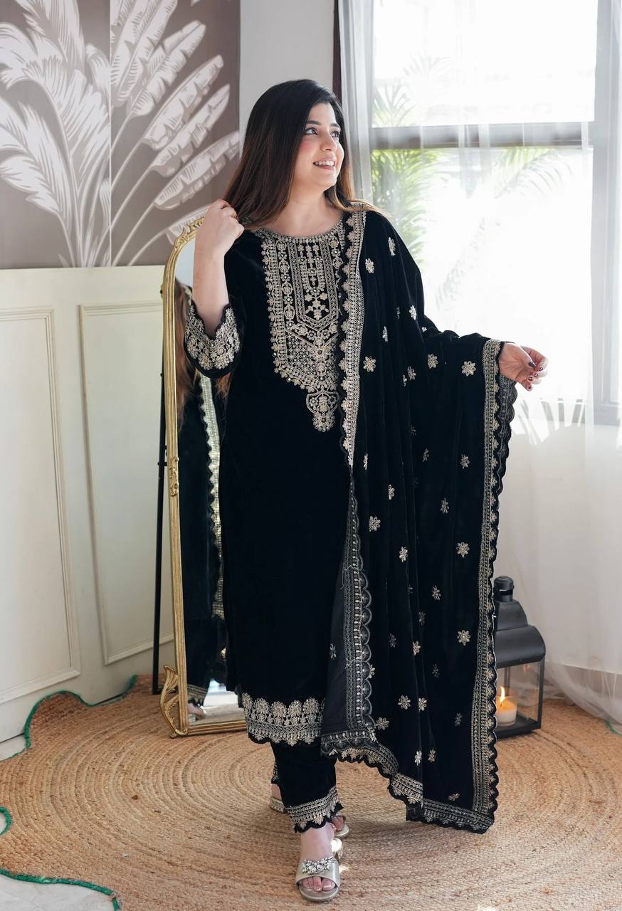 "Majestic Black Velvet Suit with Intricate Embroidery Details"