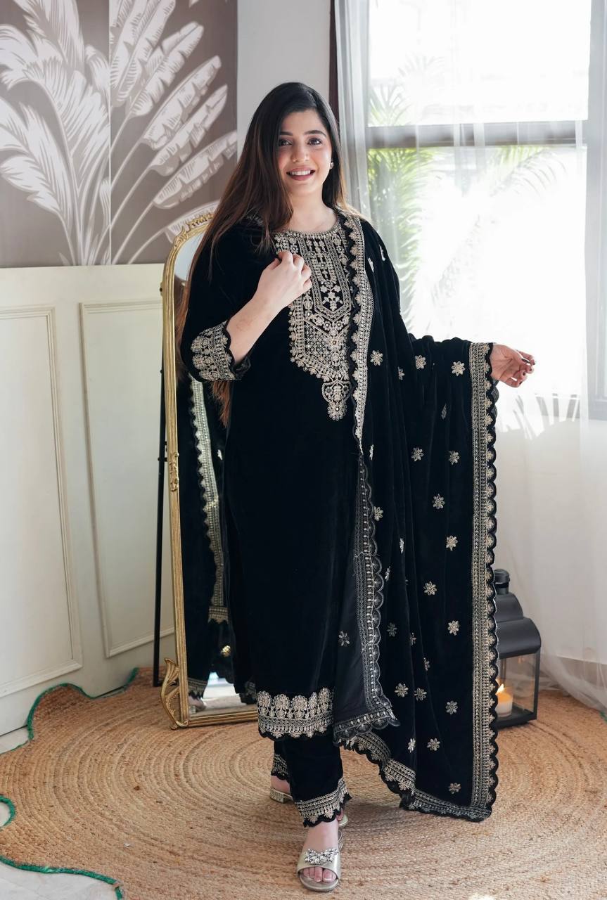 "Majestic Black Velvet Suit with Intricate Embroidery Details"