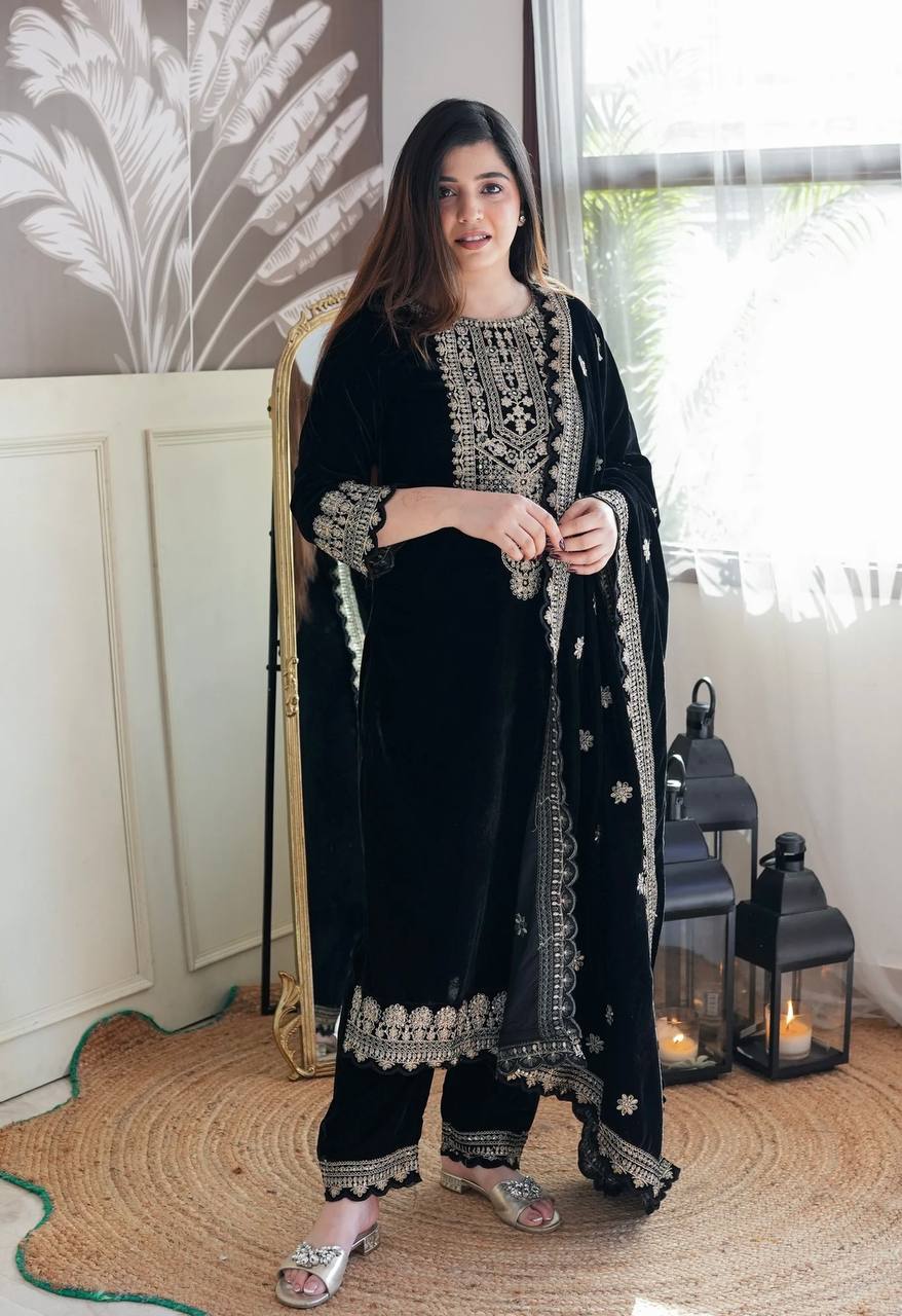 "Majestic Black Velvet Suit with Intricate Embroidery Details"