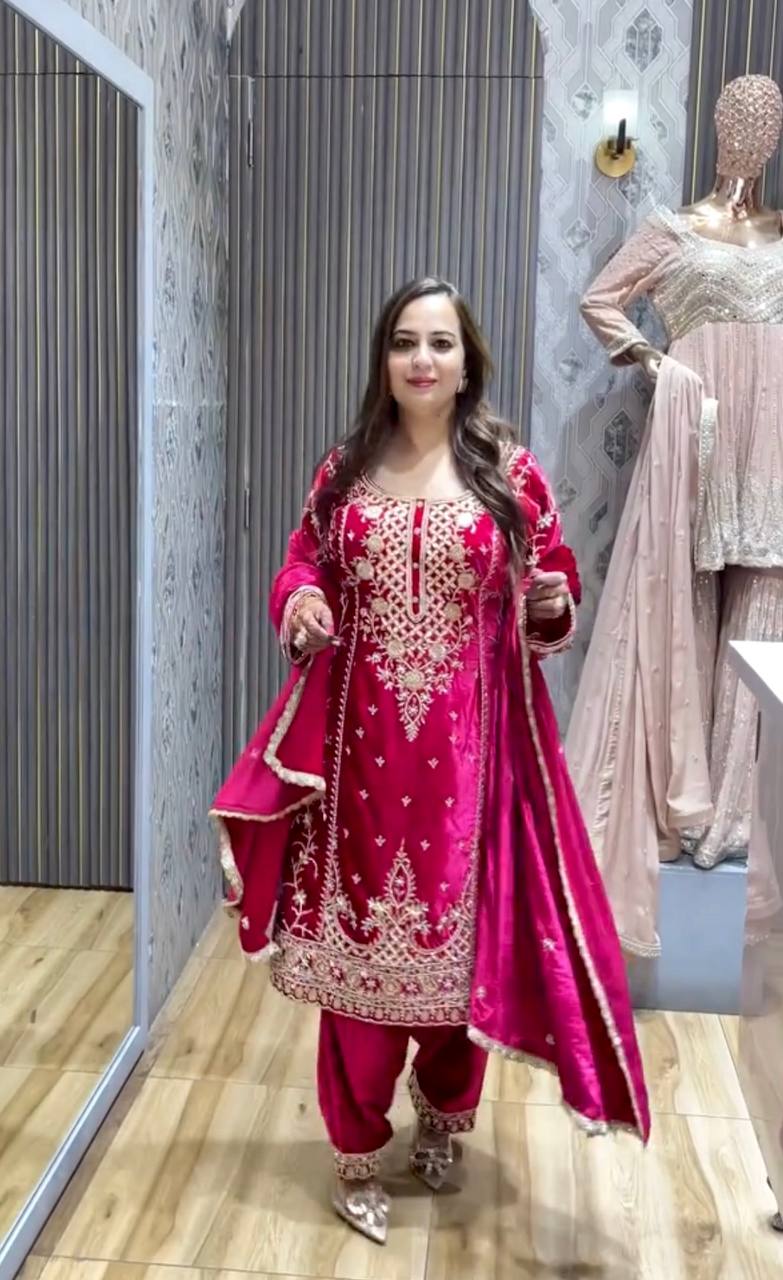 Pink Velvet Suit with Intricate Embroidery and Beautiful Detailing