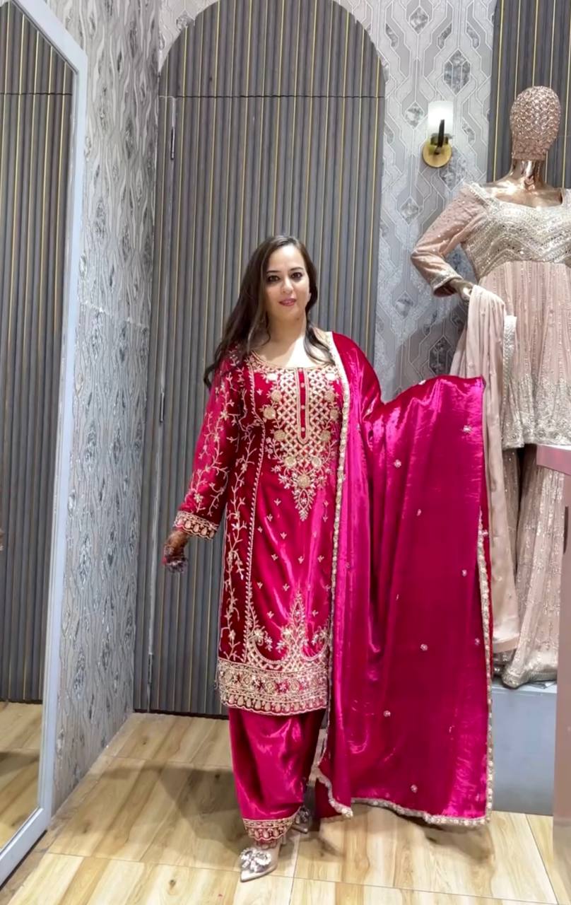 Pink Velvet Suit with Intricate Embroidery and Beautiful Detailing