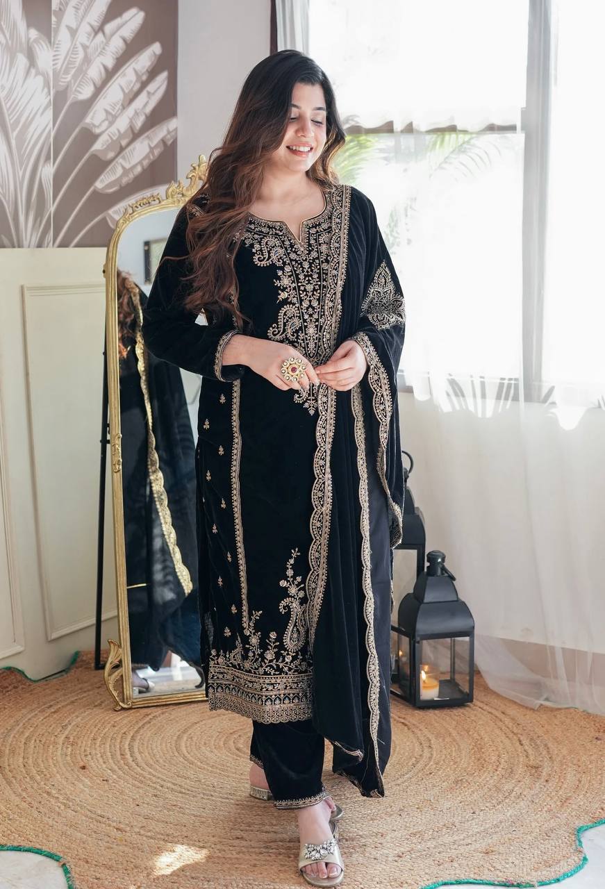 Graceful Black Velvet Attire with Exquisite Embroidery