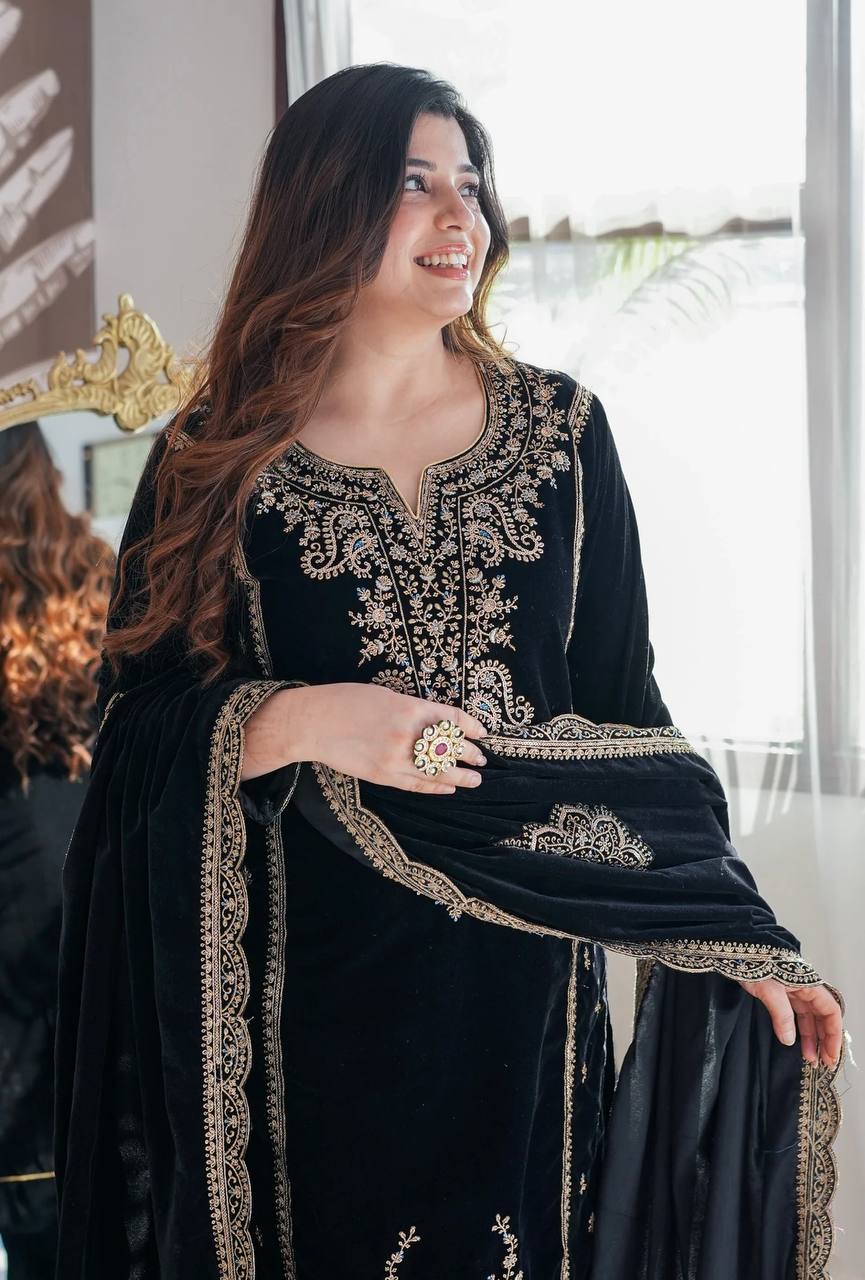 Graceful Black Velvet Attire with Exquisite Embroidery