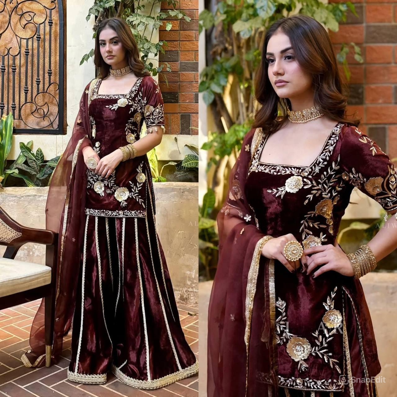 Graceful Maroon Sharara Adorned with Golden Floral Patterns