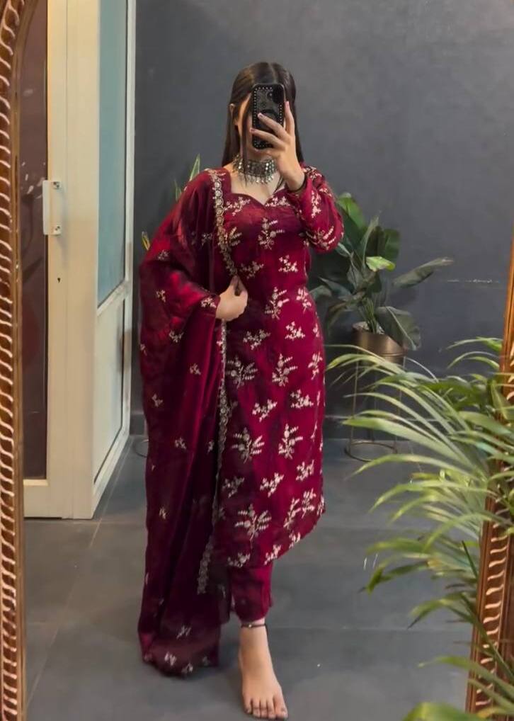 Deep Maroon Suit with Golden Embroidery and Timeless Elegance