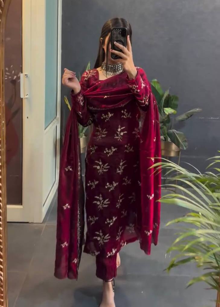 Deep Maroon Suit with Golden Embroidery and Timeless Elegance