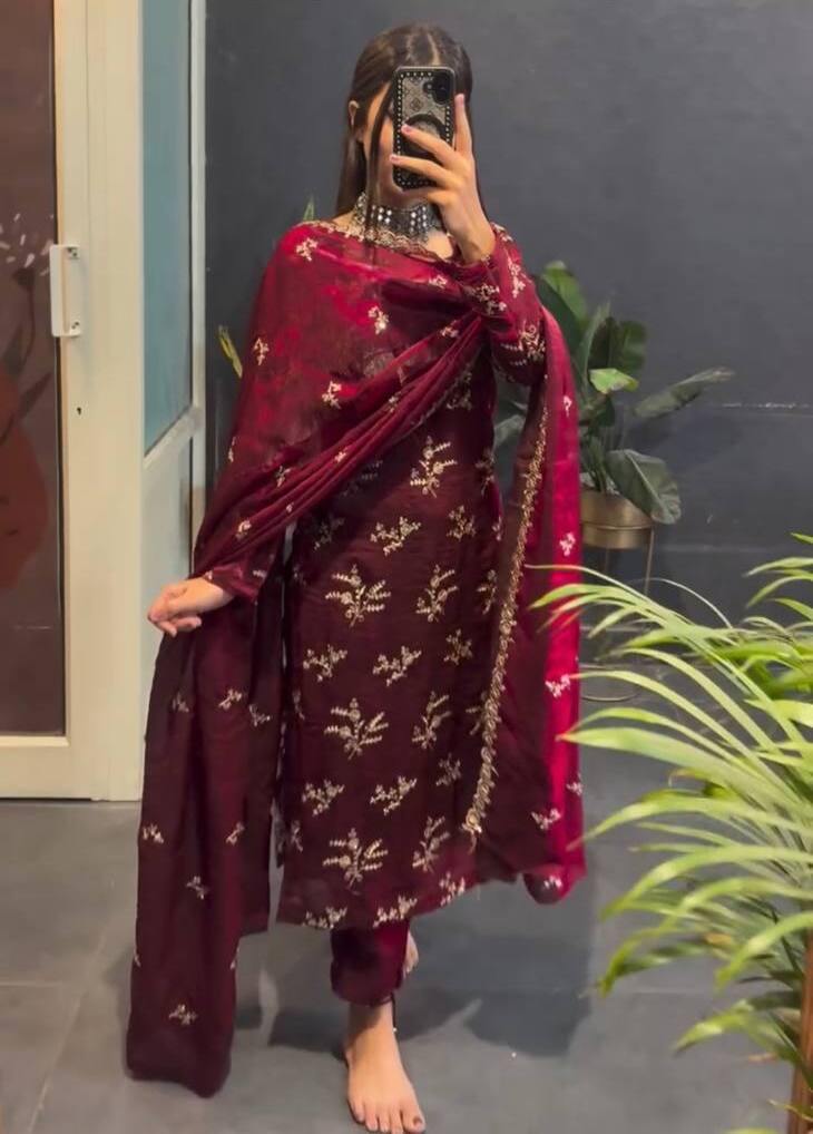 Deep Maroon Suit with Golden Embroidery and Timeless Elegance