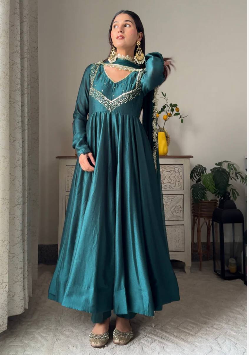 Graceful Teal Anarkali Suit with Ornate Detailing and Flowing Dupatta