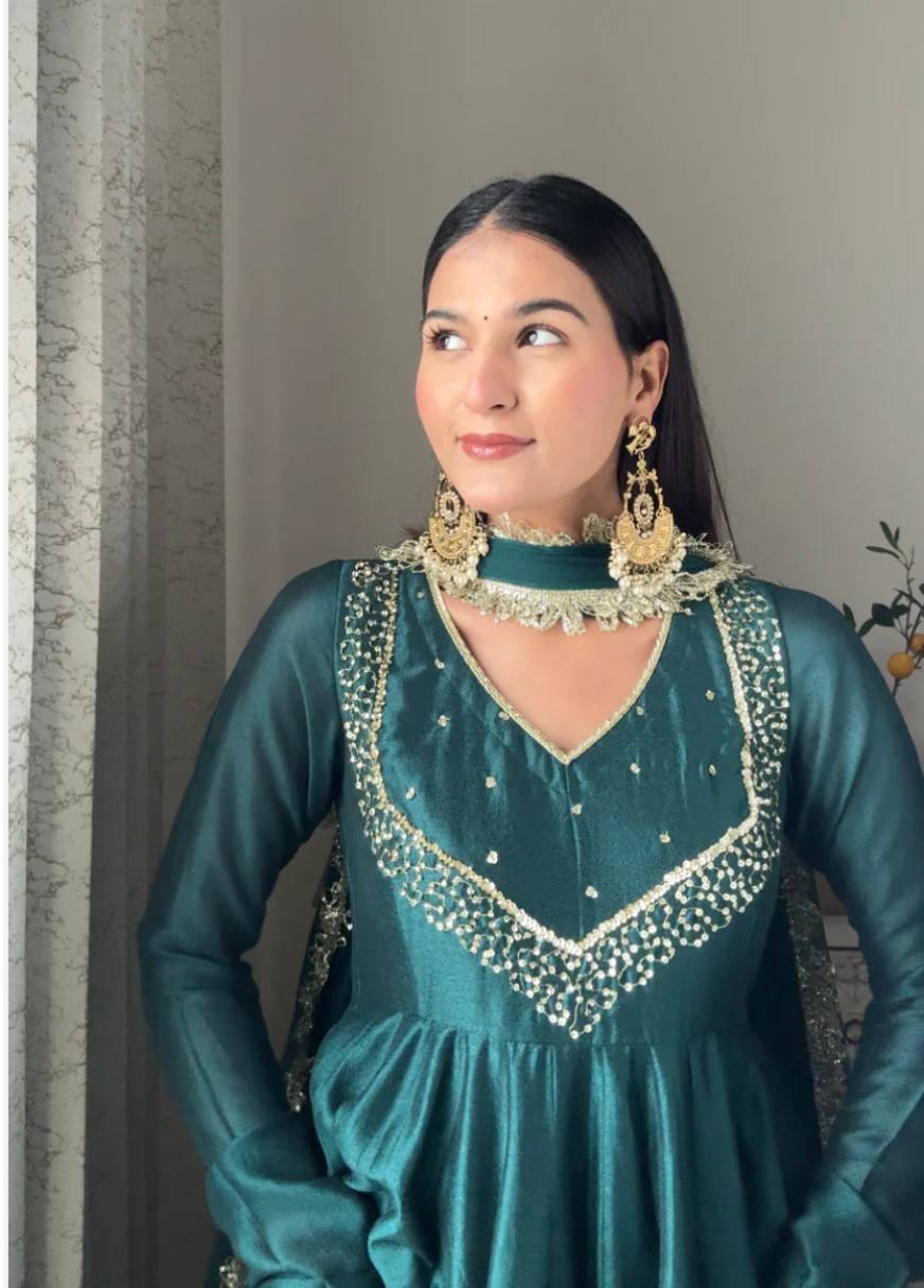 Graceful Teal Anarkali Suit with Ornate Detailing and Flowing Dupatta