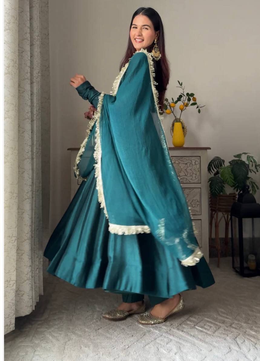 Graceful Teal Anarkali Suit with Ornate Detailing and Flowing Dupatta