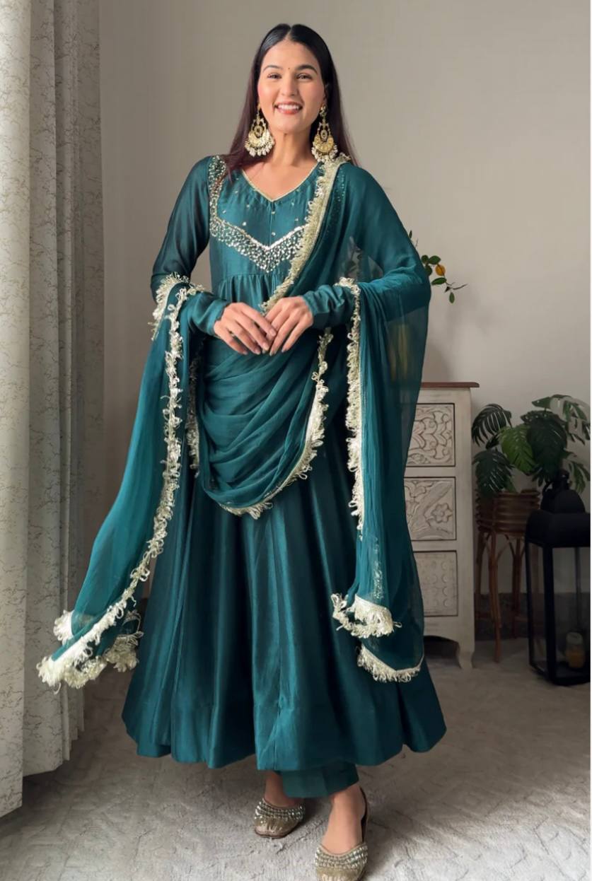 Graceful Teal Anarkali Suit with Ornate Detailing and Flowing Dupatta