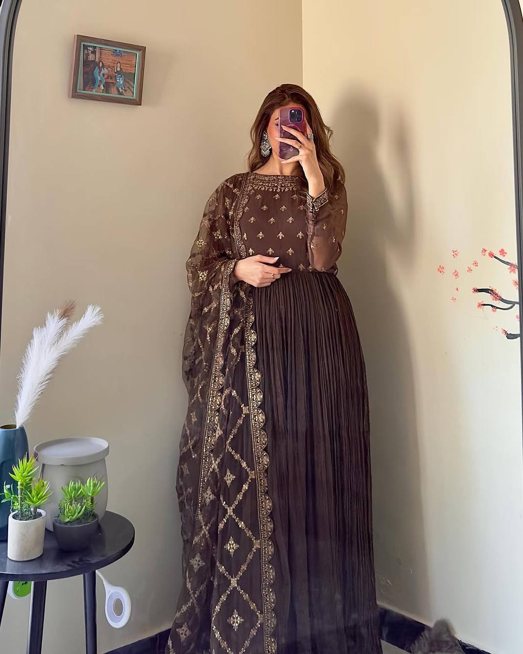 Coffee Colored Anarkali Suit with Minimal Detailing and Ethereal Flow