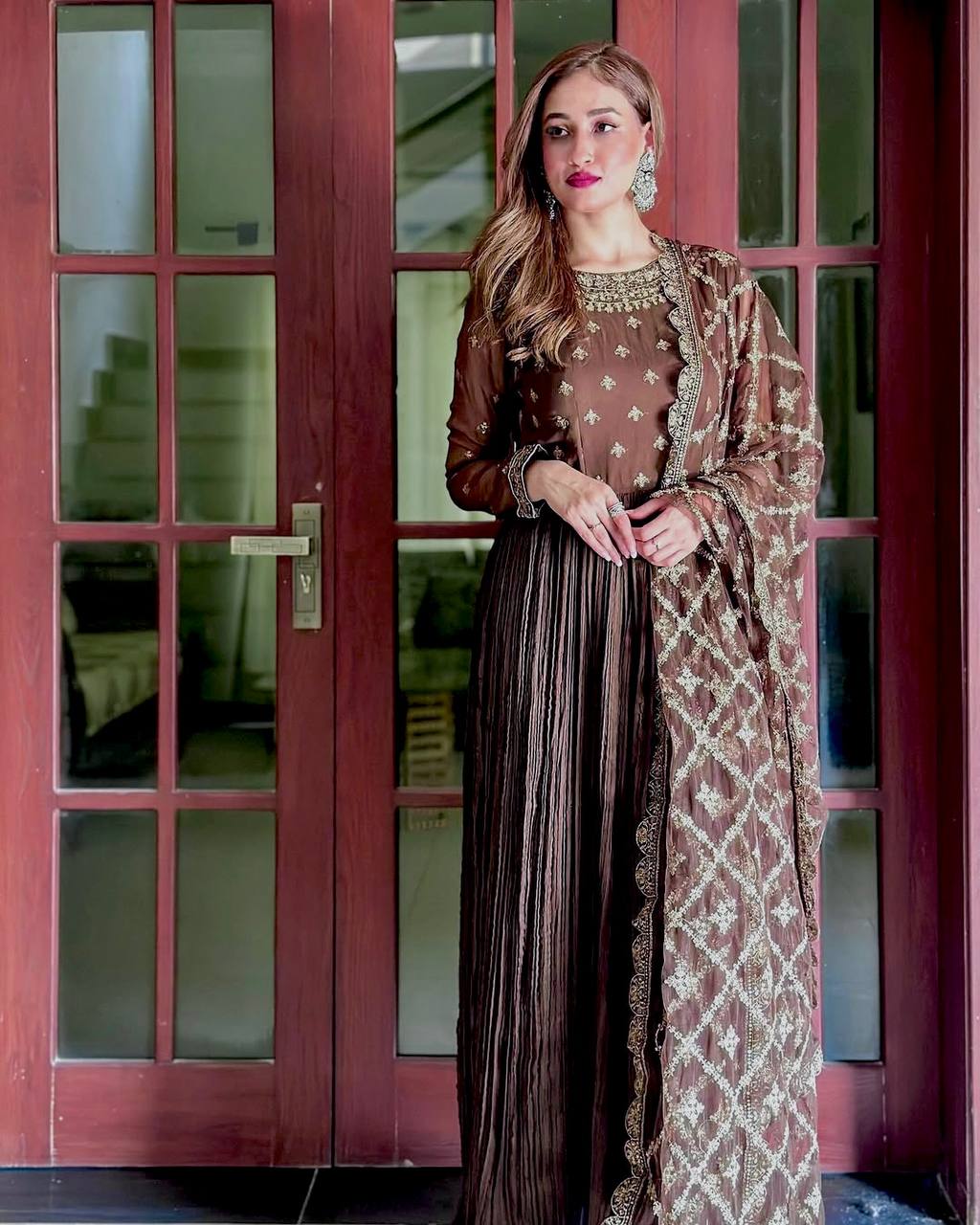 Coffee Colored Anarkali Suit with Minimal Detailing and Ethereal Flow