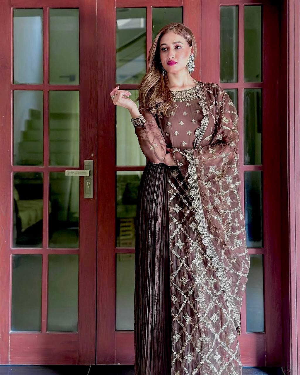 Coffee Colored Anarkali Suit with Minimal Detailing and Ethereal Flow