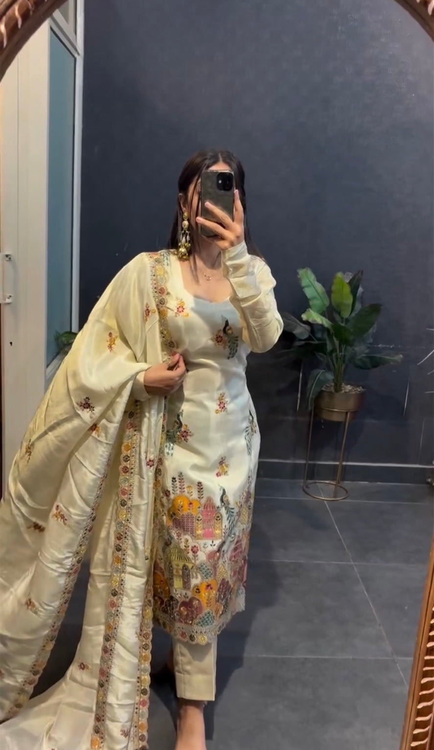 Graceful Cream Embroidered Suit with Dupatta