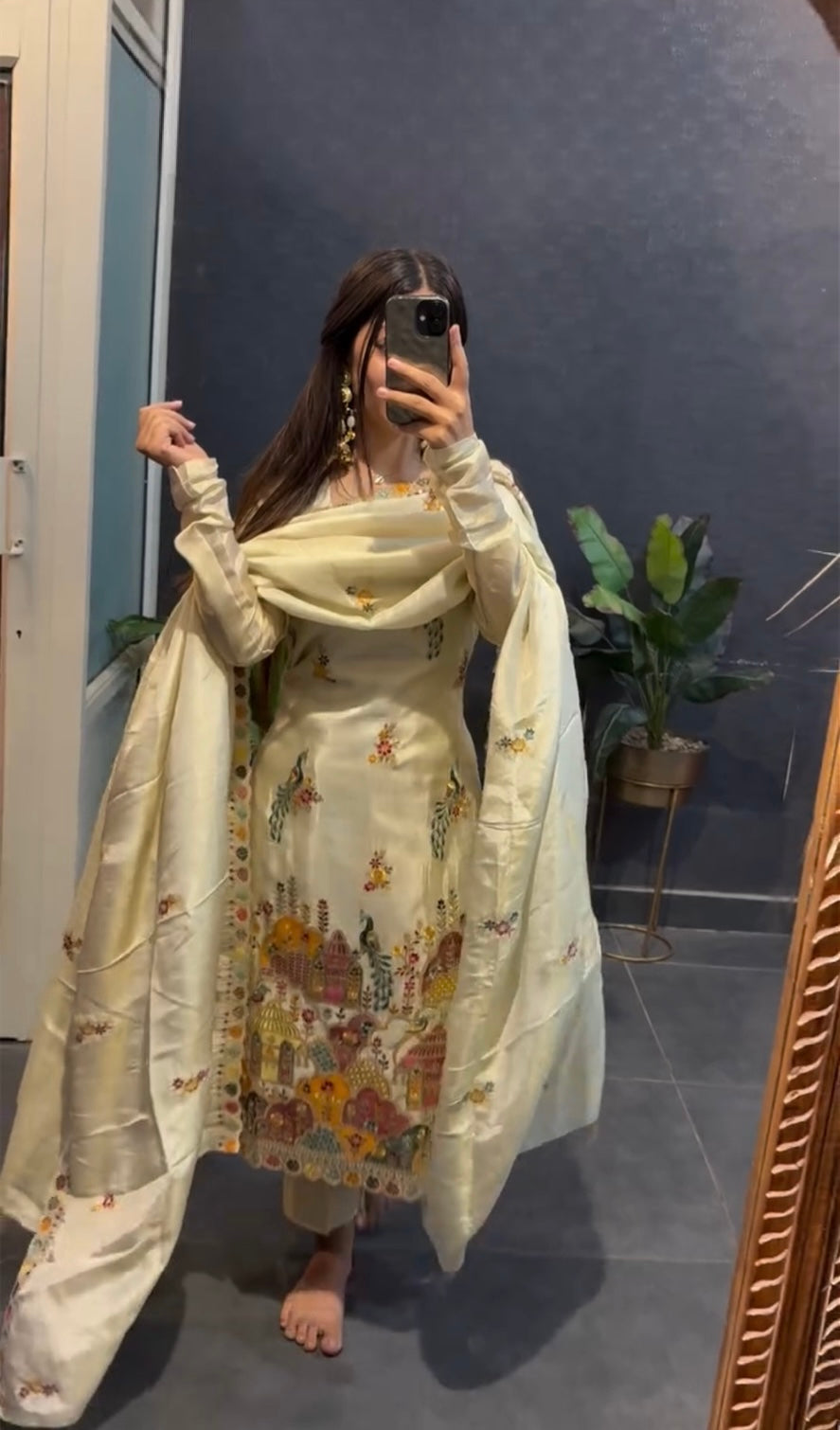 Graceful Cream Embroidered Suit with Dupatta