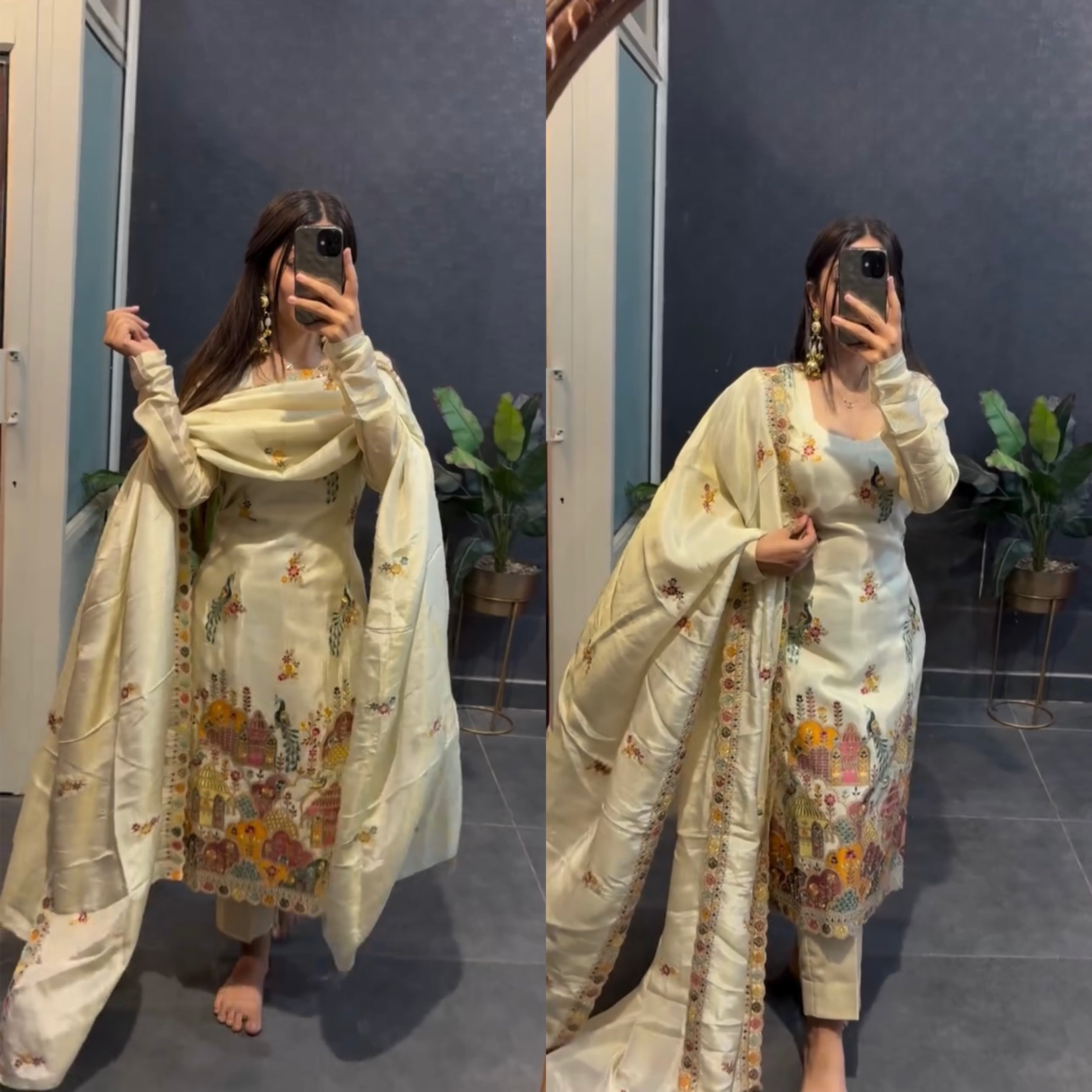 Graceful Cream Embroidered Suit with Dupatta