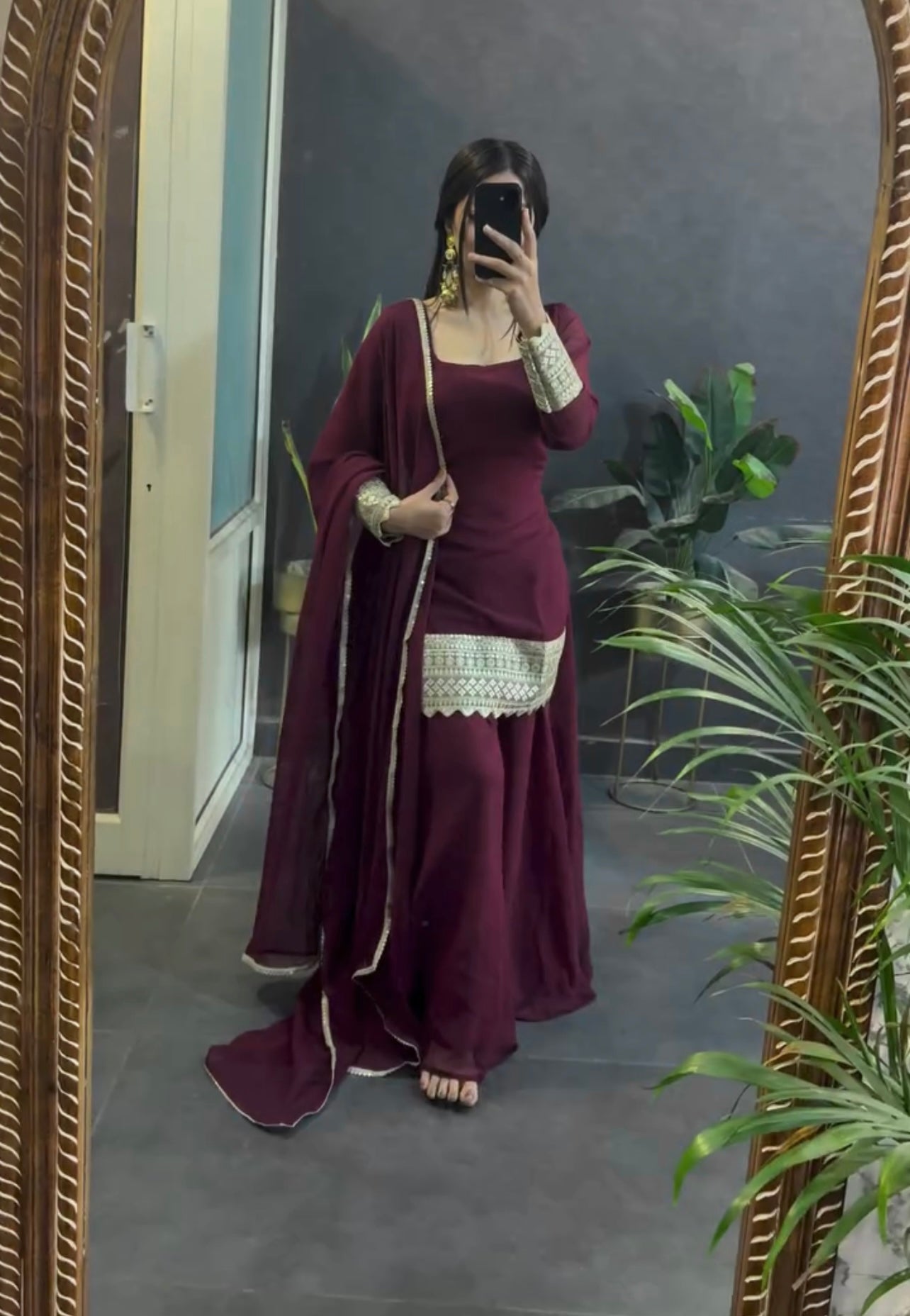 Maroon Sharara Suit with Gold Detailing – Timeless Ethnic Wear