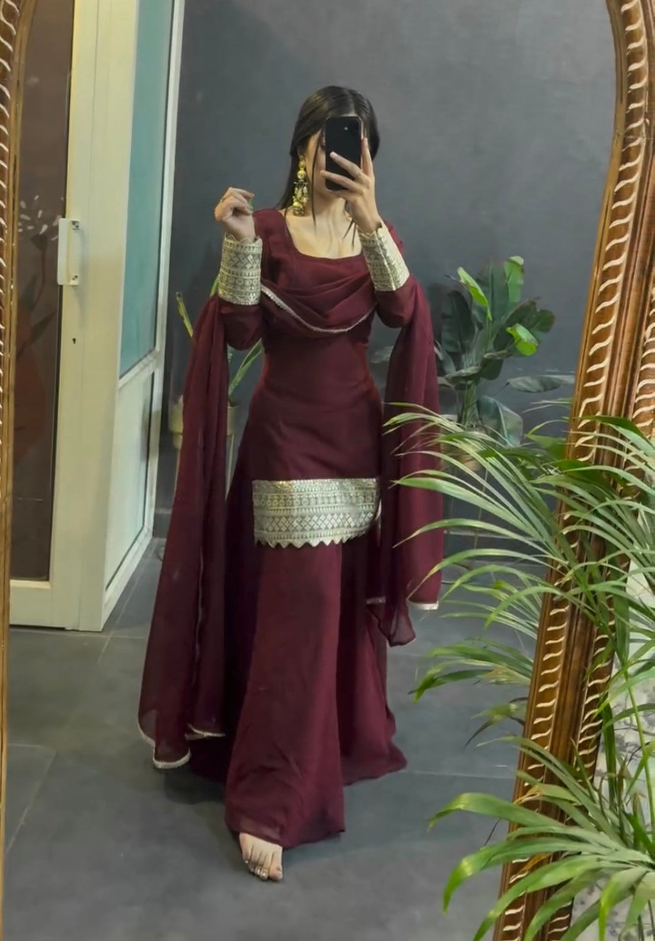 Maroon Sharara Suit with Gold Detailing – Timeless Ethnic Wear