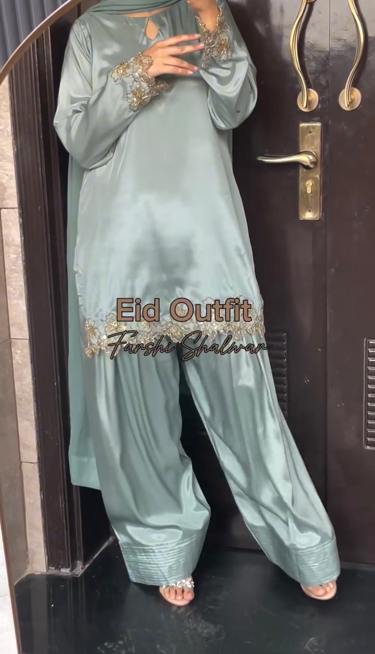 Elegant Pastel Blue Silk Suit with Golden Floral Embroidery Trim