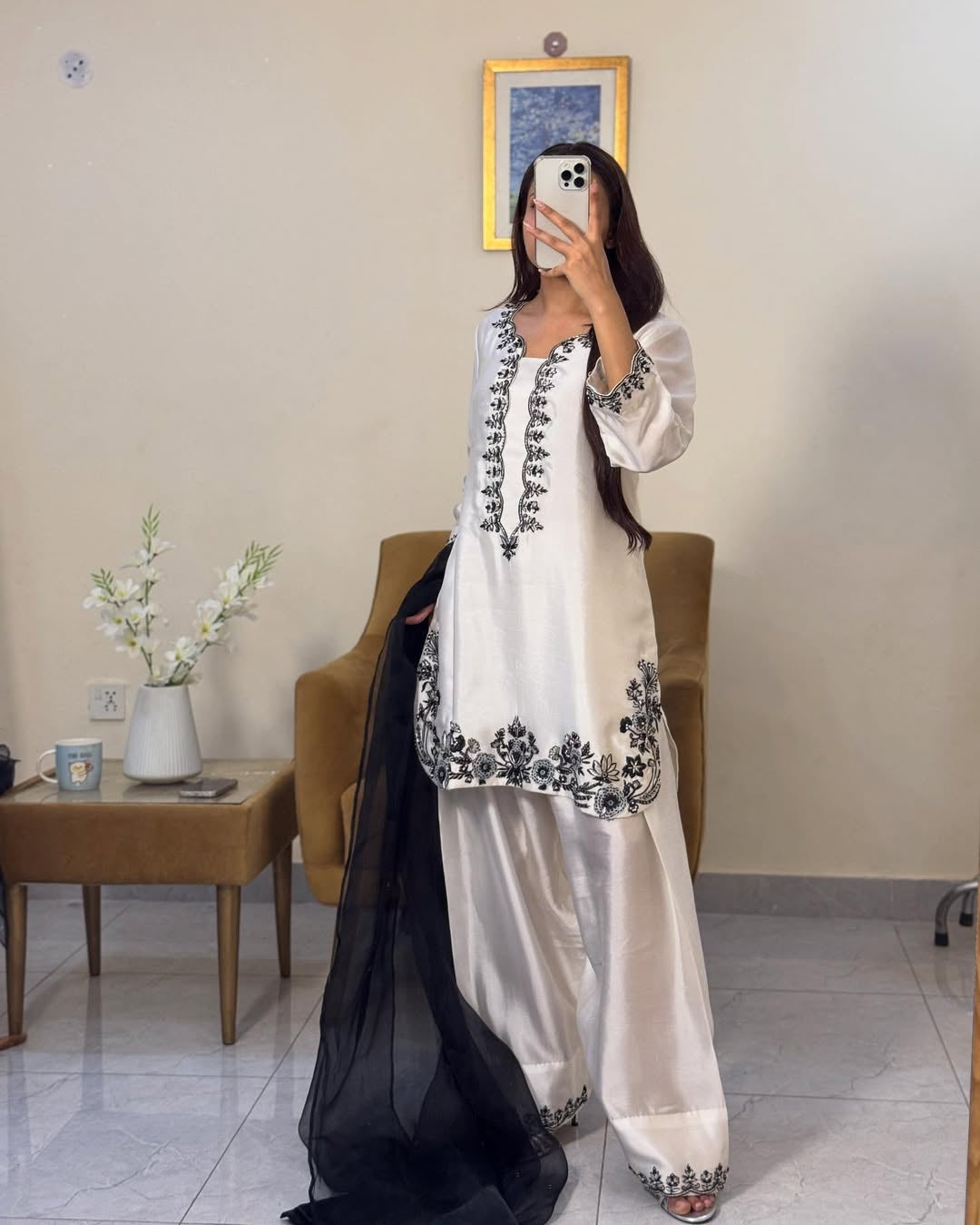 Classic White & Black Embroidered Suit