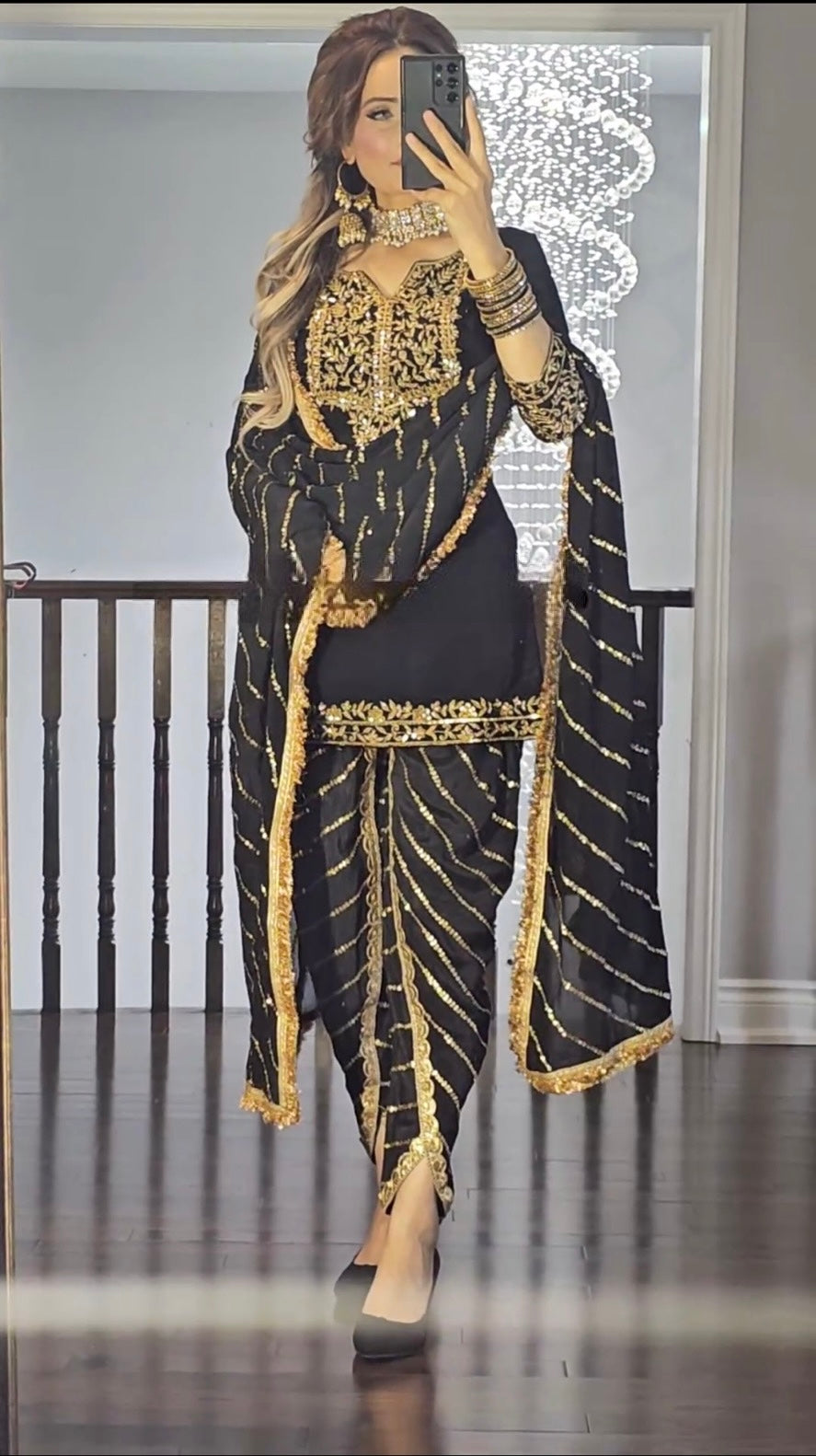 "Black and Gold Dhoti Patiyala Suit with Intricate Embroidery"