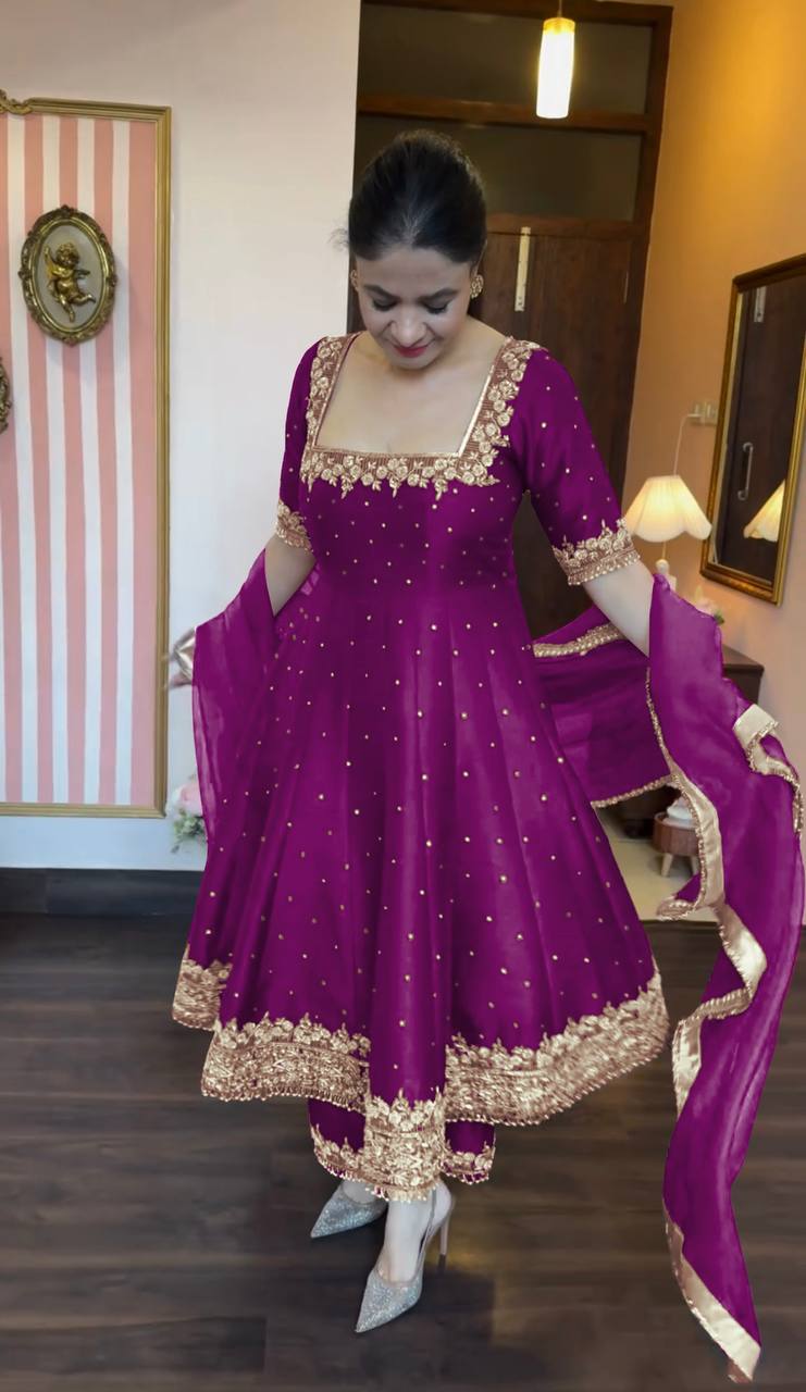 Intricate Embroidery Vichitra Silk Anarkali Suit